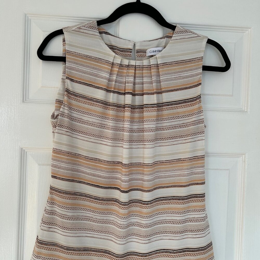 Calvin Klein Sleeveless Pleated Blouse Small Neutral Stripe Career Top